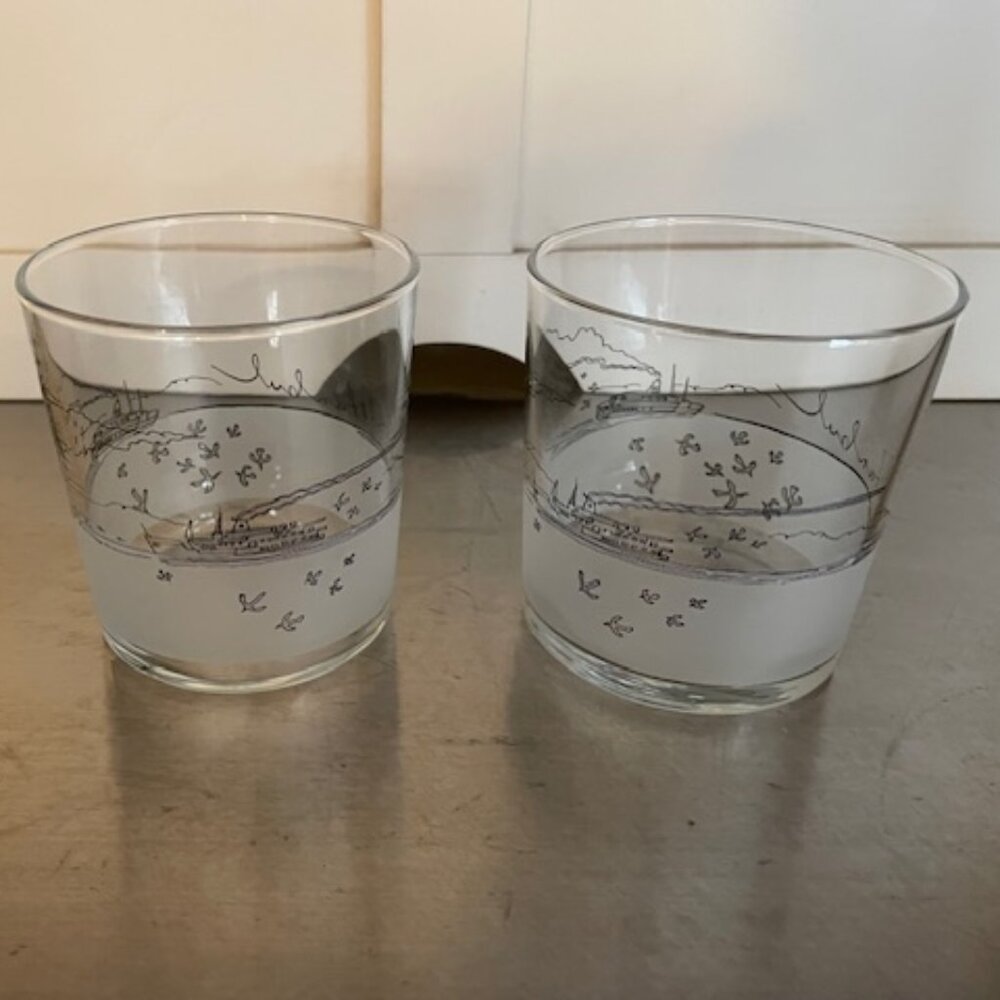 2 Pasabahce Etched Clipper Ship Old Fashioned Set Whiskey Rocks" Glasses